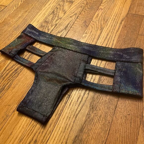 iheartraves vintage y2k lowrise oil slick holographic cutout micro shorts xl - Picture 2 of 8